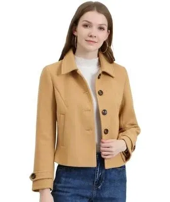 Allegra K Women's Turn Down Collar Long Sleeve Single Breasted Winter Pea Coat