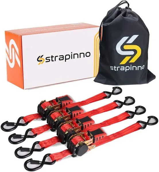 Strapinno Retractable Ratchet Straps 1 in x 10 ft, Secure Tie-Downs with Rubber-Coated Handles & S-Hooks, For Moving Motorcycle, Bike, Kayak, Cargo & Daily Use- Breaking Strength 1,500LBS/680KG (4PCS)