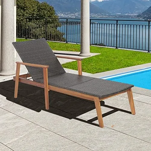 Tangkula 2PCS Adjustable Patio Rattan Lounge Chair  Recliner Outdoor Chaise Acacia Wood Frame