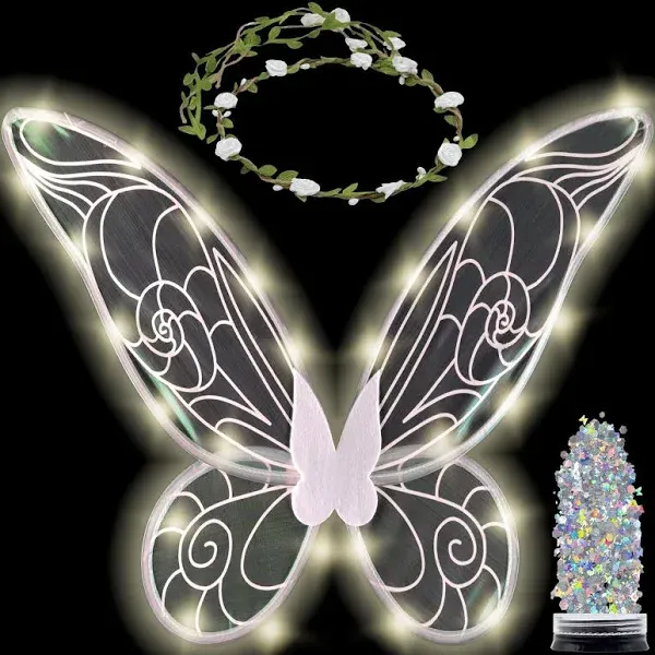 White Fairy Wings Set with Crown and Glitter - Perfect for Girls, Women, and Kids - Halloween Costume Cosplay Dress Up - FUNCREDIBLE