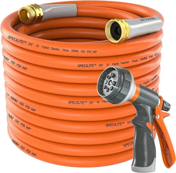 SPECILITE Garden Hose 50 ft x 5/8 in Heavy Duty, Flexible and Lightweight Water Hose, Burst 600 psi, Kink-less Hybrid Rubber Hose for Backyard, 3/4'