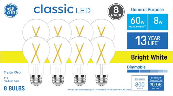 GE Classic LED Light Bulbs, 60 Watt, Bright White, A19 Bulbs (8 Pack)