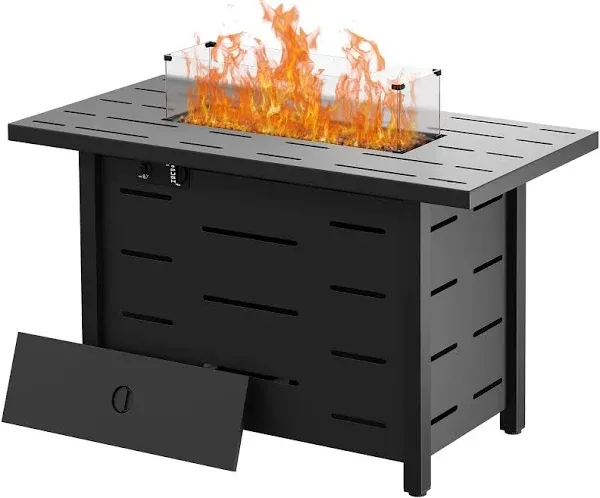 Walsunny 43 inch Outdoor Propane Fire Pit 50,000 BTU Gas Fire Pit Table with Lid, Glass Wind Guard, Waterproof Cover, Rectangle Gas Firepit Table