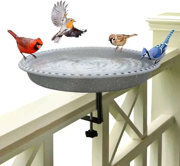 Bird Wish Deck Mounted Bird Bath, Weather Resistant Attract Birds with Adjustable Clips Deck Bird Bath for Outdoor Garden Patio Deck Decoration, Gray