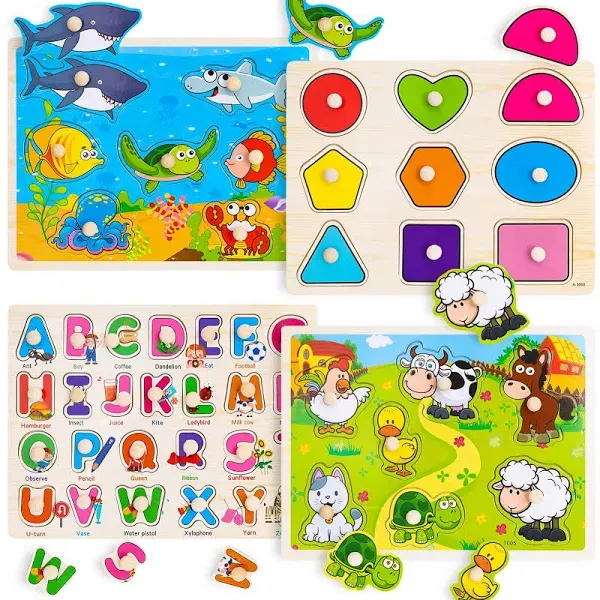 Wooden Peg Puzzles for Toddlers 2 3 4 Year Old, 4 Pack Montessori Toys Presch...