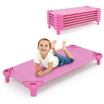 Costway Pack of 6 Kids Stackable Naptime Cot 52" L x 23" W Daycare Rest Mat Pink