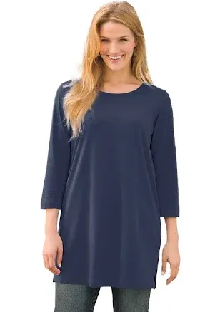 Woman Within Women's Plus Size Perfect Three-Quarter-Sleeve Scoopneck Tunic - M, Waterfall