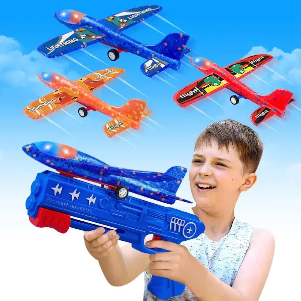 Aiencsai 3 Pack Airplane Launcher Toy 12.6" Foam Glider Led Plane 2 Flight Mode Catapult Plane for Kids Outdoor Sport Flying Toys Gifts for 4 5 6 7