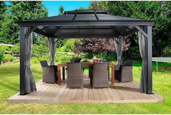 Sojag 10' x 12' Mykonos Double Roof Hardtop Gazebo Outdoor Weather-Resistant Aluminum Frame Sun Shelter Dark Grey