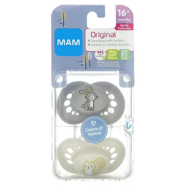 MAM Original Matte Baby Pacifier, Nipple Shape Helps Promote Healthy Oral Development, Sterilizer Case, 2 Pack, 16+ Months, Unisex,2 Count (Pack of 1)