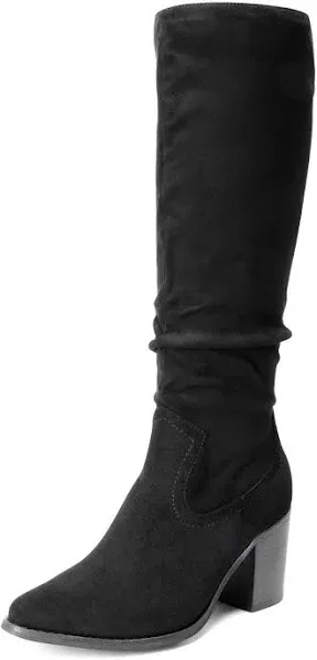 DREAM PAIRS Women's Boots Comfortable Chunky Block Heel Pointed Toe Pull On Side Zipper Suede Slouch Riding Boots