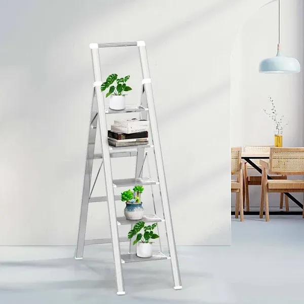 GameGem 5 Steps Lightweight Aluminum Ladder Folding Step Stool Stepladders with Anti-Slip and Wide Pedal for Home and Kitchen Use Space Saving