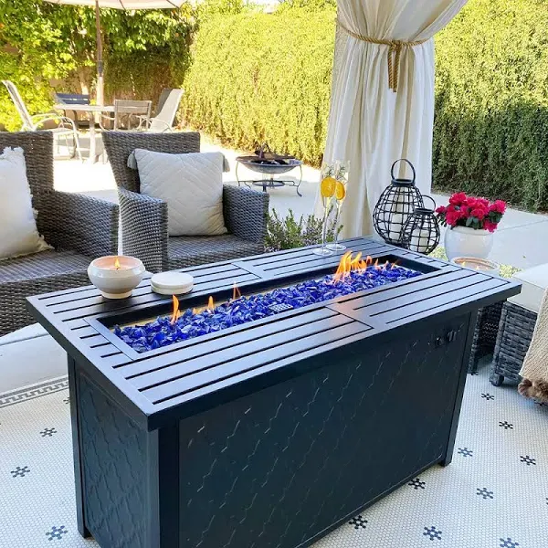 PHI VILLA Gas Fire Pit Table, 45 Inch Large Long Rectangular Outdoor Patio Propane 50000 BTU Fire Table with Lid and Blue Fire Glass, Black