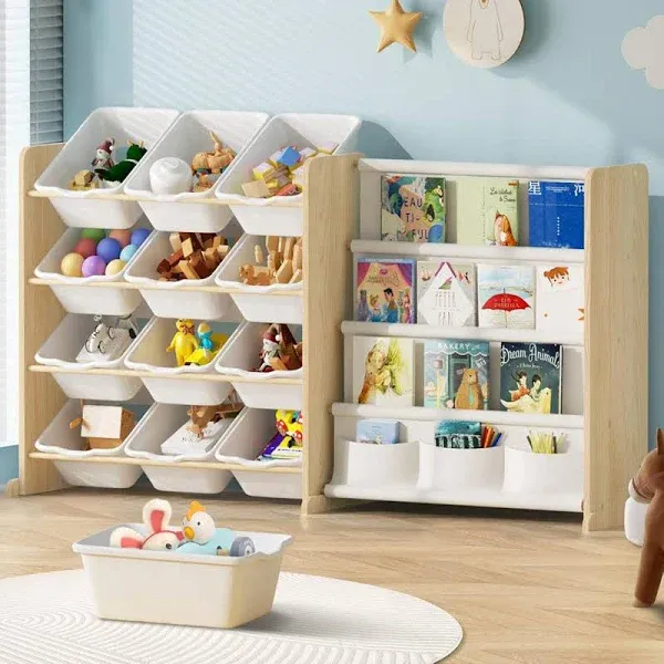 Toy Organizer with Kids Bookshelf, Toy Storage with 12 Toy White Bins and 4 Book