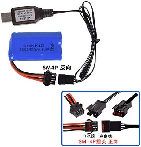 2 Pcs 6.4V 500mAh SM4P Plug Lithium Battery with USB Charging Cable for RC Toys