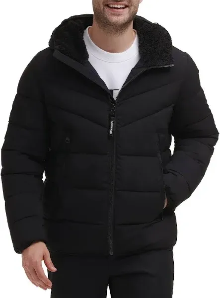 Calvin Klein Men's Chevron Stretch Jacket With Sherpa Lined Hood