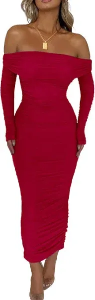 PRETTYGARDEN Women's Fall Off Shoulder Maxi Bodycon Dress Long Sleeve Ruched Fitted Club Dresses with Slit