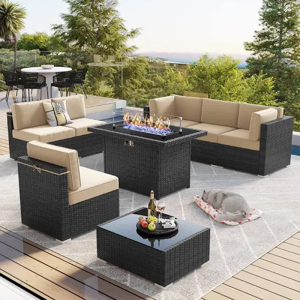 LayinSun 8 Piece Patio Furniture Set with 44" Propane Gas Fire Pit Table, Outdoor Sectional Conversation Set Wicker Rattan Sofa Set with Coffee Table