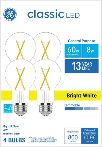 GE Classic 60-Watt EQ A19 Bright White Medium Base (e-26) Dimmable LED General Purpose Light Bulb (4-Pack) Lowes.com