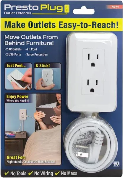 Presto Plug Wall Outlet Extender 4 ft Cord Peel & Stick As Seen On TV 2 AC 2 USB