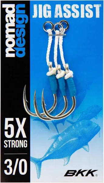 Nomad Design Jigging Assist Super Strong BKK Hooks, with Heavy Duty Solid Rings and Assist Cord, Pack of 3, Multiple Sizes