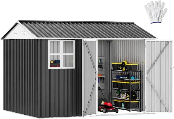 DWVO 8x10ft Large Tool Storage Shed with Window, Lockable Doors, and Sloped Roof, Oversized Steel Outdoor Storage Shed for Garden, Patio, Garage, Backyard, Lawn - Dark Gray