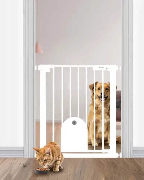 Newnice 29.7-51.5" Extra Wide Baby Gate with Small Cat Door, Auto Close & Easy Walk Thru Dog Pet Gates for Stairs, Doorway, House, Pressure Mounted Safety Child Gate Includes 4 Wall Cups