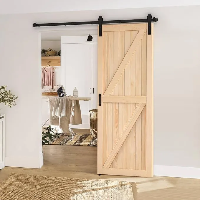 SMARTSTANDARD 30in x 84in Sliding Barn Door with 5ft Barn Door Hardware Kit & Handle, Pre-Drilled Ready to Assemble, DIY Unfinished Solid Spruce