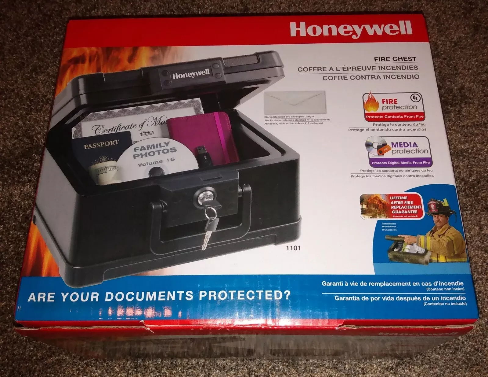 Honeywell Portable Chest 0.15 cu ft Molded Fire Resistant Carry Handle Key Lock