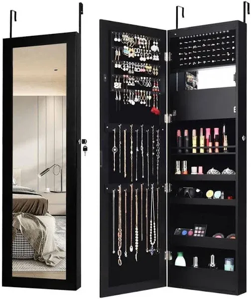 Wall Door Mounted Lockable Jewelry Cabinet Armoire Organizer w/LED Black