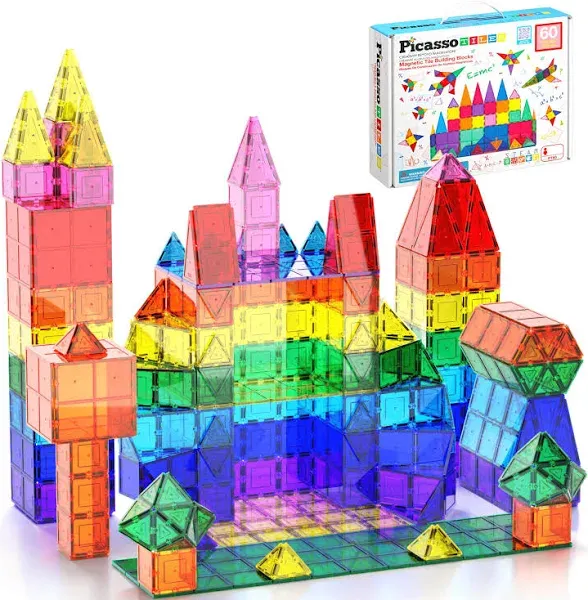 Magna Tiles Style Clear Colors 60 Pcs 3D Set Magnetic Building Toy Block Kids