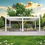 Outdoor Louvered Pergola with Adjustable Aluminum Rainproof Roof - 12'x20' Pull Down - White