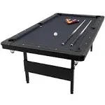 GoSports 7 ft Billiards Table - Portable Pool Table - Includes Full Set of Balls, 2 Cue Sticks, Chalk, and Felt Brush - Black