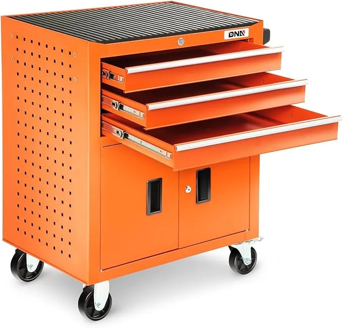 DNA Motoring Tools-00405 3 Drawer Rubber Top Lockable Multiple Storage Rolling Trolley Cabinet