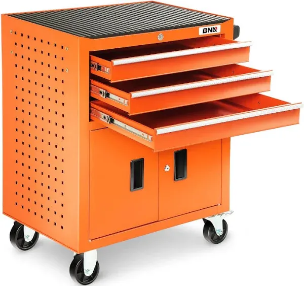 DNA Motoring Tools-00405 3 Drawer Rubber Top Lockable Multiple Storage Rolling Trolley Cabinet