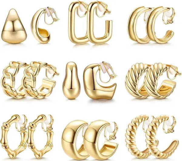 14K Gold Plated Chunky Hoop Clip-On Earrings