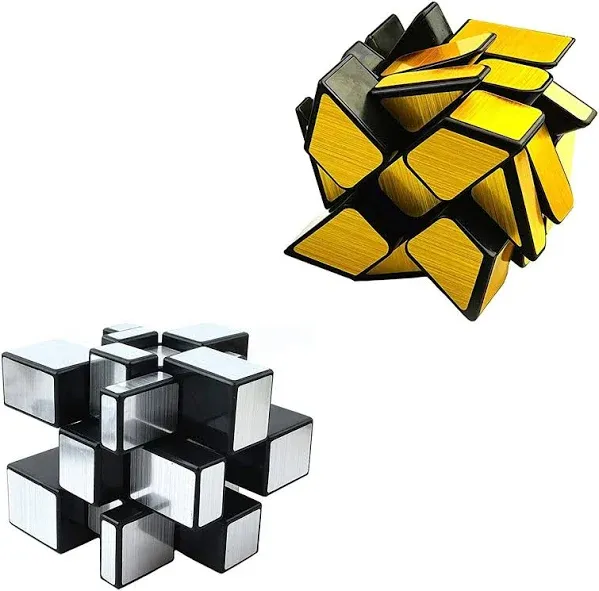 Mirror Speed Cube Set Magic Cube Pack of 2 Dysmorphism 3x3x3 Mirror Golden Wheel Cube and Mirror Silver Cube Twist Speed Cube Bundle Puzzle Games Toy 