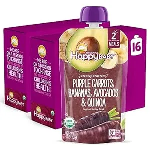 Happy Baby Organics Stage 2 Baby Food Pouches, Gluten Free, Vegan & Healthy Snack, Clearly Crafted Fruit & Veggie Puree, Purple Carrots, Bananas, Avocados & Quinoa, 4 Ounces (Pack of 16)