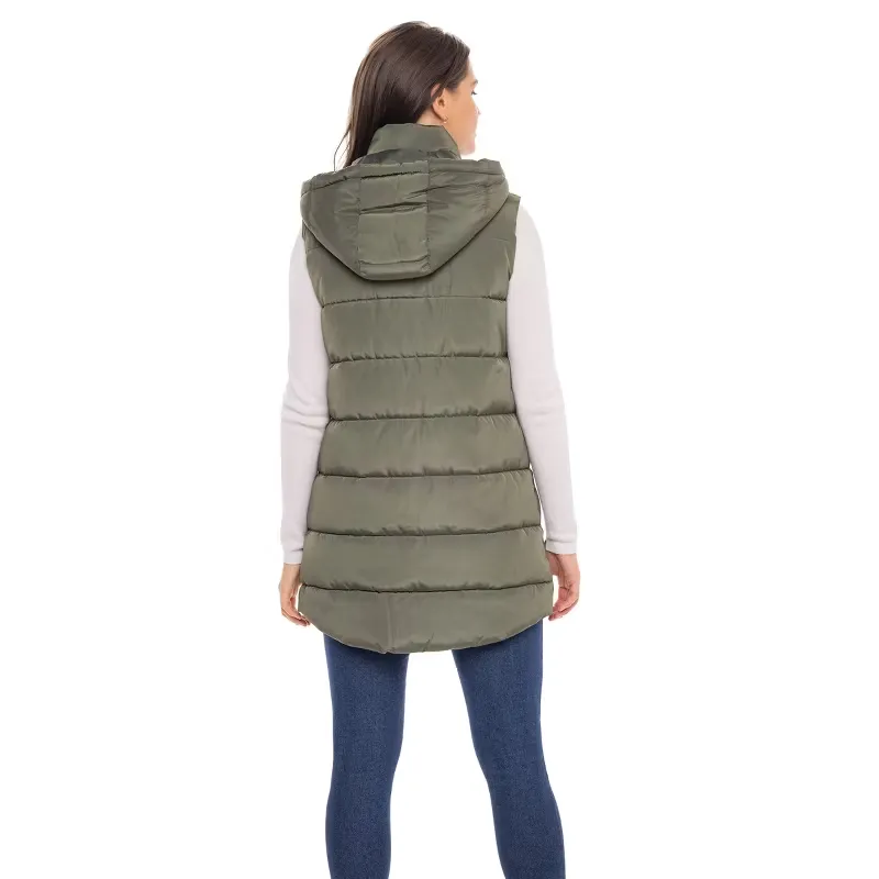 Women's Long Puffer Vest with Hood - S.E.B. By SEBBY