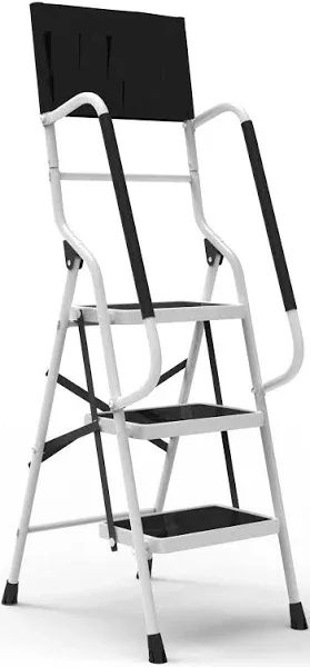 Usinso 4 Step Ladder Tool Ladder Folding Portable Steel Frame MAX 500 lbs Non-Slip Side armrests Large Area Pedals Detachable ToolBag Suitable for Home Office Engineering White