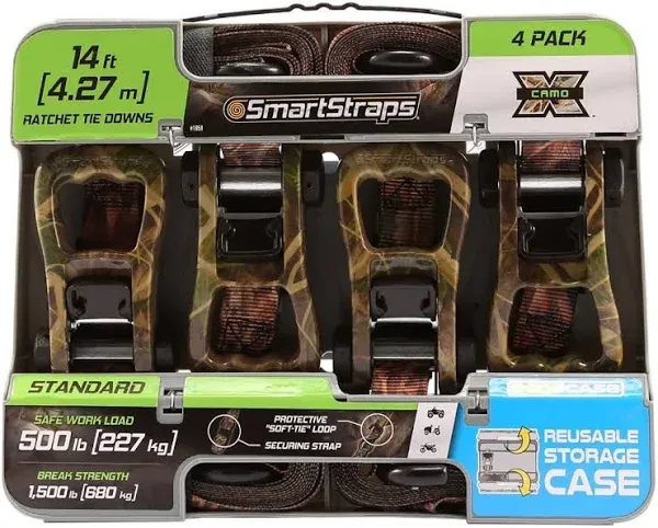 SmartStraps 14’ Camo X Ratchet Straps, 4 Pack — Standard Duty Camo Ratchet Straps, 1,500lb Break Strength, 500lb Safe Work Load — Haul Dirt Bikes, ATVs, and Lawn Tractors with Patented Technology