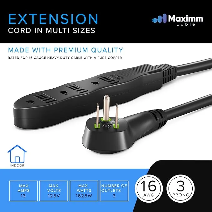 Maximm Extension Cord 2 ft, Extension Cord with Multiple Outlets (3 Outlets), Outlet Extender with Indoor Wire, Multi Plug Outlet 125V, 3 Prong Extension Cord, ETL Listed, Black