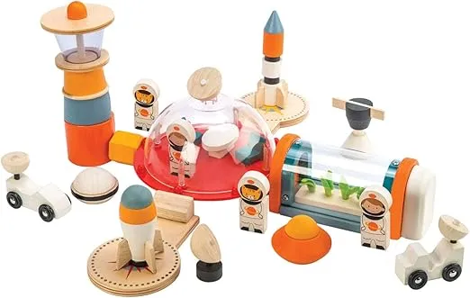 Tender Leaf Toys - Life on Mars Playset - S.T.E.M. Toy - 16 Pc Wooden Outer Space Themed Playset - Creates Interest in Science and Creative Role Play for Children - Age 3+