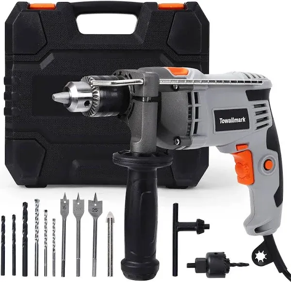 Towallmark 7.5-Amp Hammer Drill with Aluminum Alloy Housing, 1/2-Inch Corded Electric Hammer Drill with 3000RPM, Variable Speed, 15 Drill Bits with Toolbox for Home Improvement, DIY