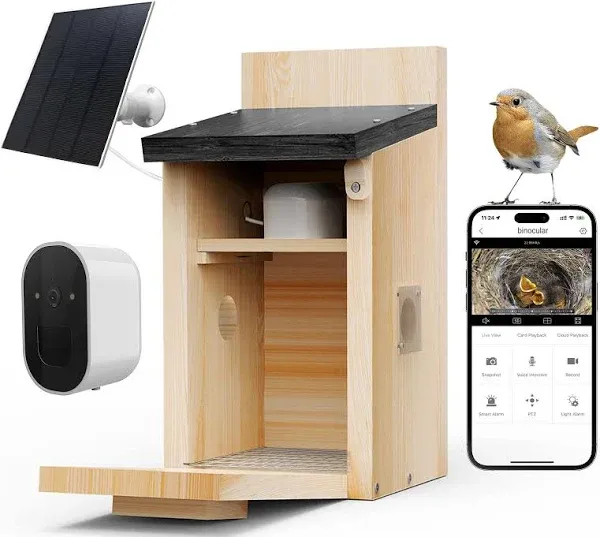 Solar Bird House with Camera, 1080P HD Wooden Smart Bird Nest Solar Powered, ...