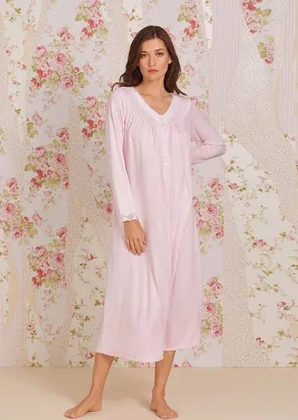 NEW Eileen West Soft Knit Long Nightgown Medium Lace Comfort Luxury Rose 36&quot;