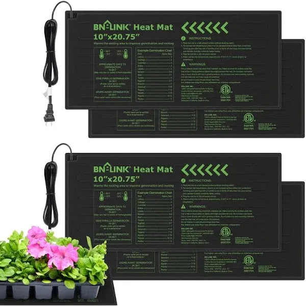 BN-LINK Durable Seedling Heat Mat Warm Hydroponic Heating Pad Waterproof 10" x 20.75" - 2 Pack for Seed Starting Greenhouse and Germination