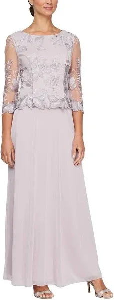 Alex Evenings Women's 3/4 Sleeve Stretch Lace Bodice Mock One Piece Gown