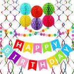 ALLFUN Happy Birthday Banner, Rainbow Birthday Banner, 6 Honeycomb Balls, 8 Metallic Hanging Swirls and Circle Parper Garland, Happy Birthday