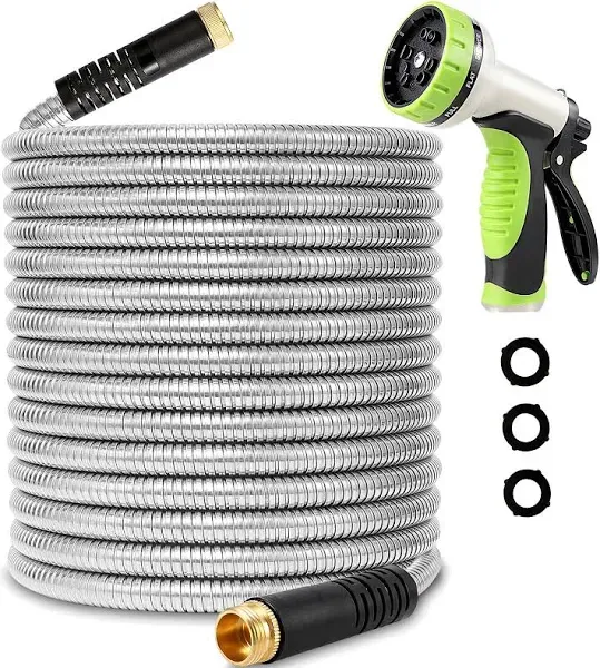 25 FT Metal Garden Hose, KIMHY 304 Stainless Steel Water Hose with 10 Patterns Spray Nozzle, Kink & Tangle Free, Rust Proof, Lightweight, Heavy Duty Hose for Outdoor, Yard, Lawns, RV